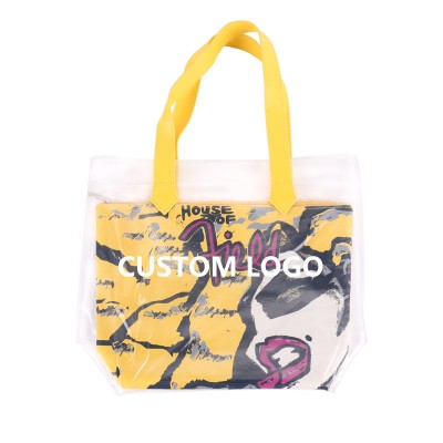 Waterproof Gold Transparent Pvc Women Bags Tote Beach Handbags Tote Bag With Leather Handle Summer beach bag